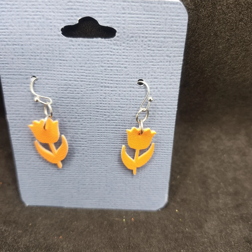 Hand Crafted Faux Leather Dangle Orange Tulip Earrings
